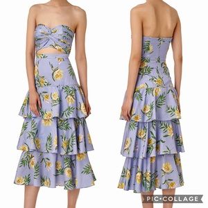AMUR Roxy Midi Dress Size 2 Blue Yellow Floral Cutout Strapless Tiered Ruffle